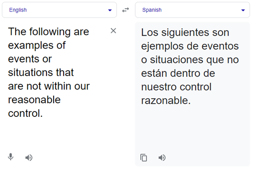 Capture of a Google Translate translation from English to Spanish, on the Absolute Translations website