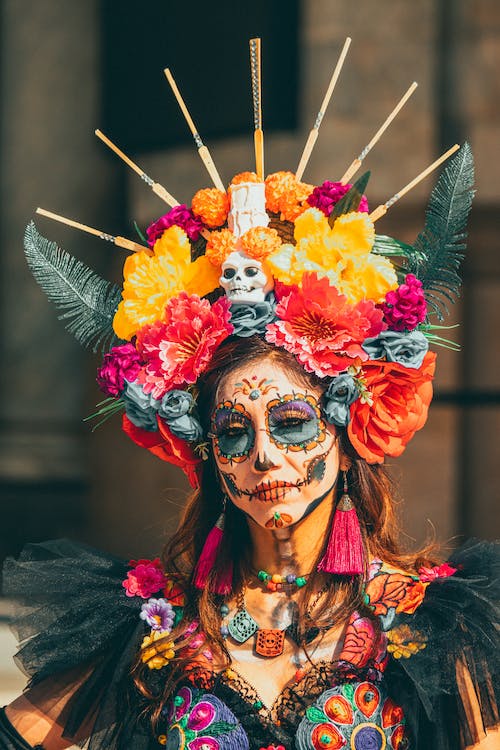 Portrait of a lady in Cinco de Mayo makeup.