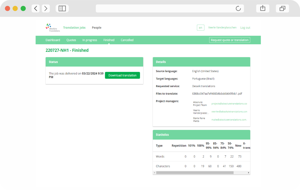 memoQ dashboard translation finished